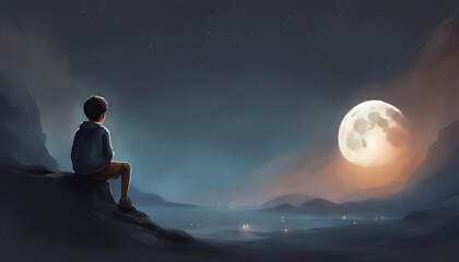 Fototapeta na wymiar digital painting of alone boy looking at the full moon.