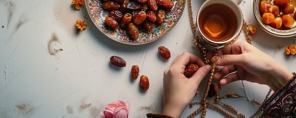 Top view of woman hands holding cup of tea with dates and rosary on wooden background. Ramadan Kareem concept - obrazy, fototapety, plakaty