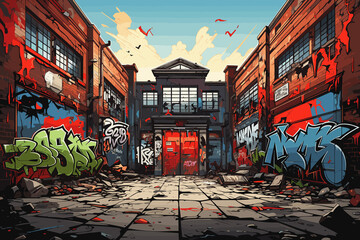 Illustration Colorful Graffiti Urban Cityscape, Multicolored graffiti on a street wall - obrazy, fototapety, plakaty
