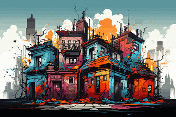 Fototapeta na wymiar Illustration Colorful Graffiti Urban Cityscape, Multicolored graffiti on a street wall