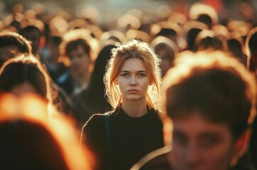 Fototapeta premium Young woman standing out from the crowd
