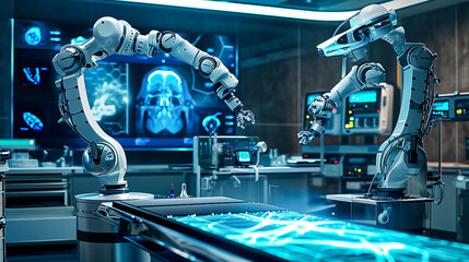 Advanced Robotics Arms in Modern Medical Laboratory Futuristic robotic arms performing precision tasks in a high-tech medical laboratory equipped with state-of-the-art diagnostic screens.