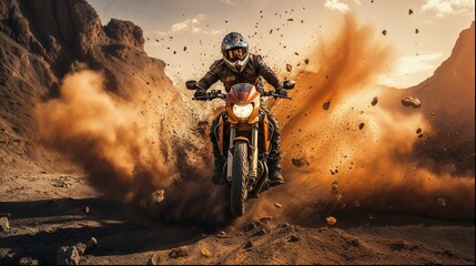 adventure bike in the desert with dust and dirt - obrazy, fototapety, plakaty