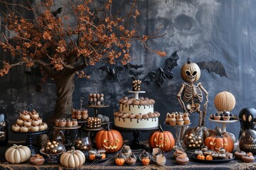 A spooky Halloween dessert table with themed treats and decorations Halloween cupcake