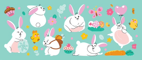 Fototapeta premium Cute rabbit and easter element vector set. Hand drawn fluffy rabbit, easter egg, flower, carrot, chick, cupcake. Collection of doodle bunny and adorable design for decorative, card, kids, sticker.