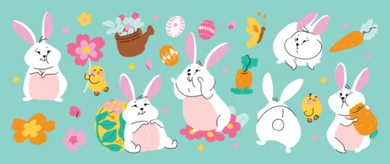 Muurstickers Speelgoed Cute rabbit and easter element vector set. Hand drawn fluffy rabbit, easter egg, spring flowers, carrot, chick. Collection of doodle bunny and adorable design for decorative, card, kids, sticker.