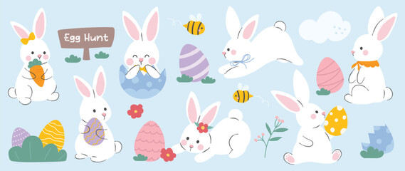 Cute rabbit and easter element vector set. Hand drawn fluffy rabbit, easter egg, spring flower, carrot, chick, bee. Collection of doodle bunny and adorable design for decorative, card, kids, sticker.