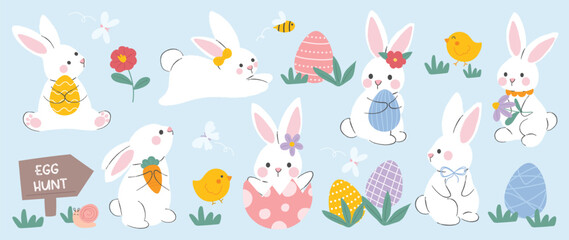 Cute rabbit and easter element vector set. Hand drawn fluffy rabbit, easter egg, spring flower, carrot, chick, bee. Collection of doodle bunny and adorable design for decorative, card, kids, sticker.