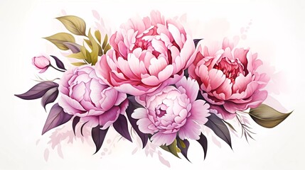 watercolor illustration of pink flowers, flower clip art. Bouquet of peonies. generative ai