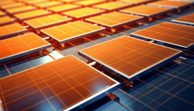 3d render of solar panels in a row on a blue background