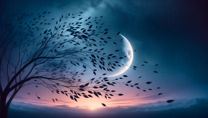 Enchanted Moonlit Night with Swirling Leaves - obrazy, fototapety, plakaty