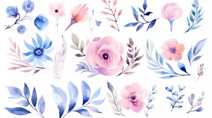 Obraz na płótnie Canvas illustration Red and blue flowers, leaves clip art watercolor flowers. generative ai