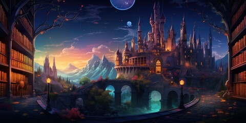 Illustration of a magical educational castle with wizards, witches, and a mysterious library. - obrazy, fototapety, plakaty