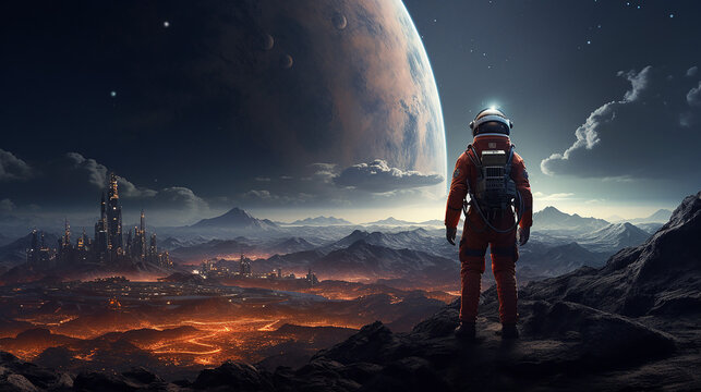 space background with astronaut on the new planet