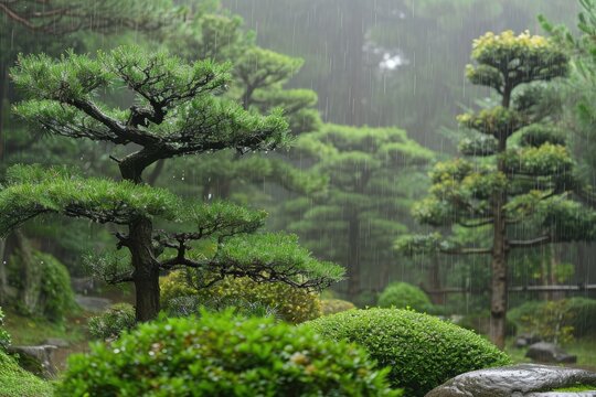 Japanese garden pine trees in spring rain.