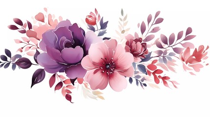 illustration Red and purple flowers, leaves clip art watercolor flowers. generative ai - obrazy, fototapety, plakaty