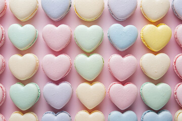 overhead view of pastel color heart shaped valentine's day macaroons