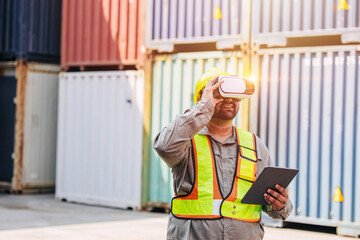 Worker Using VR Vision Pro Technology Equipment Headset Device Work at Container Yard Construction site Innovation in Logistics Industry