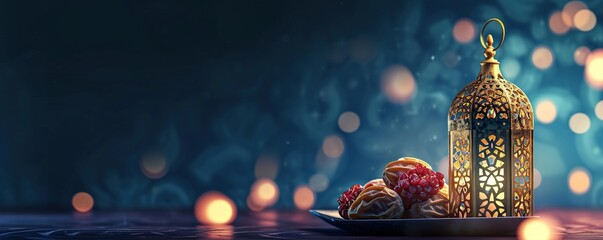 Ramadan Kareem greeting card with dates and lantern. Ramadan Kareem background.