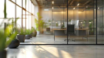 Contemporary office interior with glass walls, panoramic windows and wooden floor. - obrazy, fototapety, plakaty