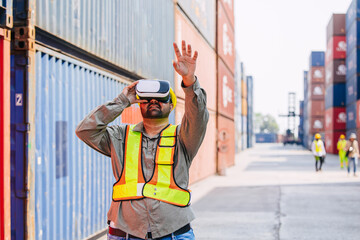 Fototapeta na wymiar Worker Using VR Vision Pro Technology Equipment Headset Device Work at Container Yard Construction site Innovation in Logistics Industry