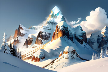 Winter mountains covered in wind and snow. Generative AI