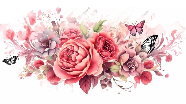 illustration Watercolor rose peony Geometric line butterfly flower Paisley. generative ai