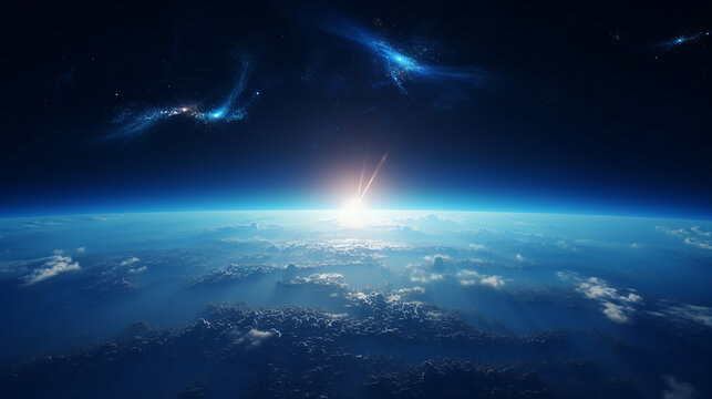 beautiful space scene with blue sunrise view of earth from space