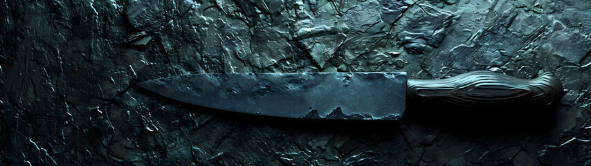 A cold blade gleams on a rough stone, a versatile tool for both survival and destruction in the unforgiving outdoors - obrazy, fototapety, plakaty