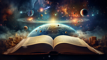 book of the universe. opened magic book with planet - obrazy, fototapety, plakaty