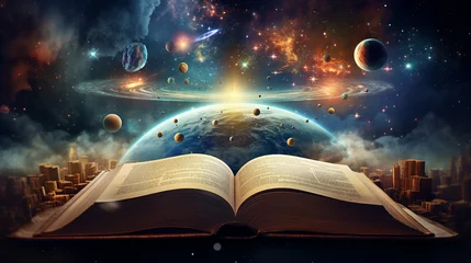 Foto op Canvas book of the universe. opened magic book with planet © Aura