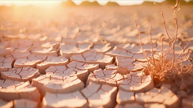 A closeup of cracked, dry soil, illustrating the severe depletion of water resources.