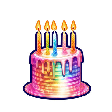 holographic birthday cake sticker with candles on a transparent background. cakes for birthday, holiday. Vector sticker collection of sweet cheesecakes, cupcakes, bento cakes.