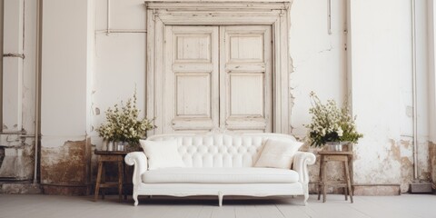 Vintage style photography studio with beautiful tall white wooden doors and a white sofa.