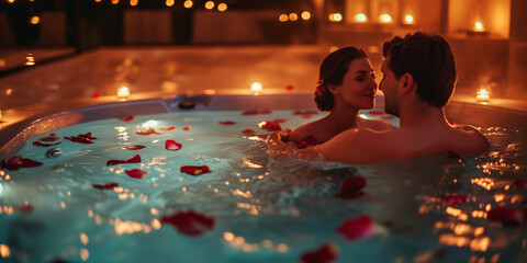 Happy young couple in love in hot tub with rose petals, romantic dating - obrazy, fototapety, plakaty