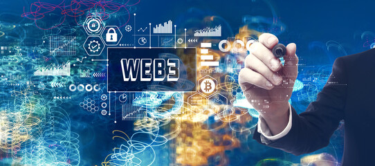 Web3 theme with businessman in a bokeh neon light trails city night background