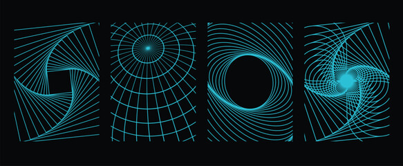 Futuristic cyberpunk style background vector set. Geometric wireframe of square, distortion, grid with light blue. Retro graphic on black background for decoration, business, cover, poster, techno. © TWINS DESIGN STUDIO