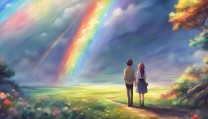 person walking through the rainbow in anime style