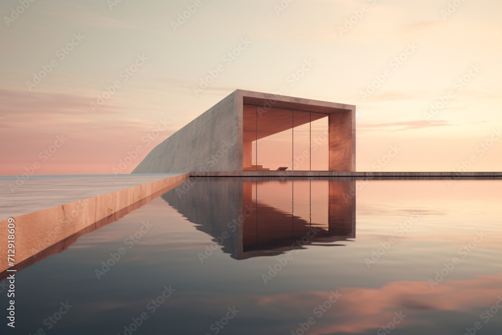 Wall mural minimalistic picture of a futuristic building architecture with reflection in the swimming pool wate
