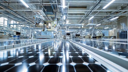 3d rendering of a conveyor belt in a production line with solar panels