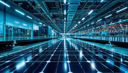 Fototapeta premium 3d rendering of a conveyor belt in a factory with solar panels.