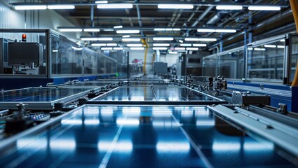 Production line of the plant for the manufacture of solar panels. Industrial background