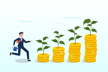 Businessman watering growing coin stack seedling growth, saving growth, growing investment or earning profit, mutual fund, wealth accumulation or compound interest, pension fund prosperity (Vector)