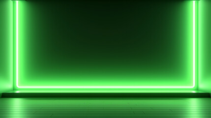 Professional 3D Studio Interior: Green Screen with Neon Frame, Expert Lighting Setup for Photo and Video Shoots, Ideal Template for Advertising and Production, Featuring Vibrant Green Screen and Neon 
