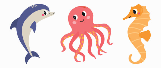 Set of сute sea and ocean animals octopus, dolphin and seahorse cartoon vector illustration