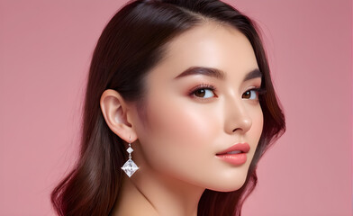 Fototapeta premium Valentine's Day, a Pretty young Woman, simple small Diamond earring, soft pink background. Generative AI