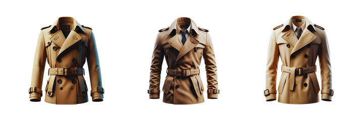 Set of Trench coat, isolated over on transparent white background