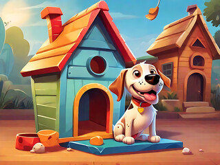 Illustration of Playful dog with dog house 