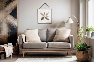 Brown sofa cushion modern Scandinavian style living room in spring
