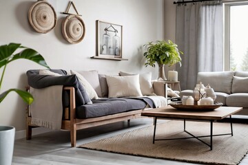 blue sofa cushion Modern Scandinavian style living room Decorated with earth tones.